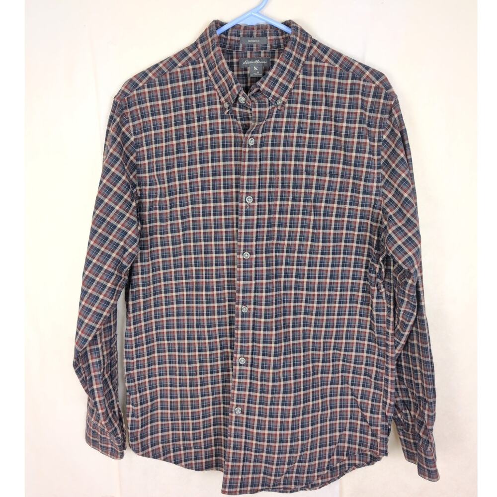 Eddie Bauer classic fit blue plaid button up flannel shirt Size Med Grunge